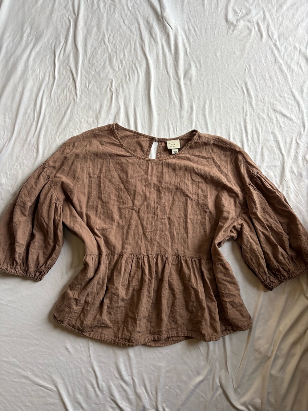 a new day Brown Peplum Blouse with Puff Sleeves